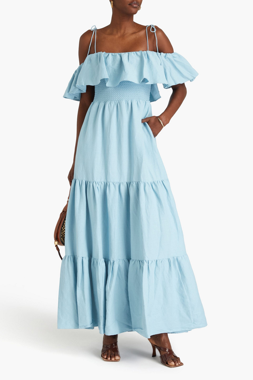 Alice And Olivia Kia Cold-shoulder Tiered Linen-blend Maxi Dress In Light Blue
