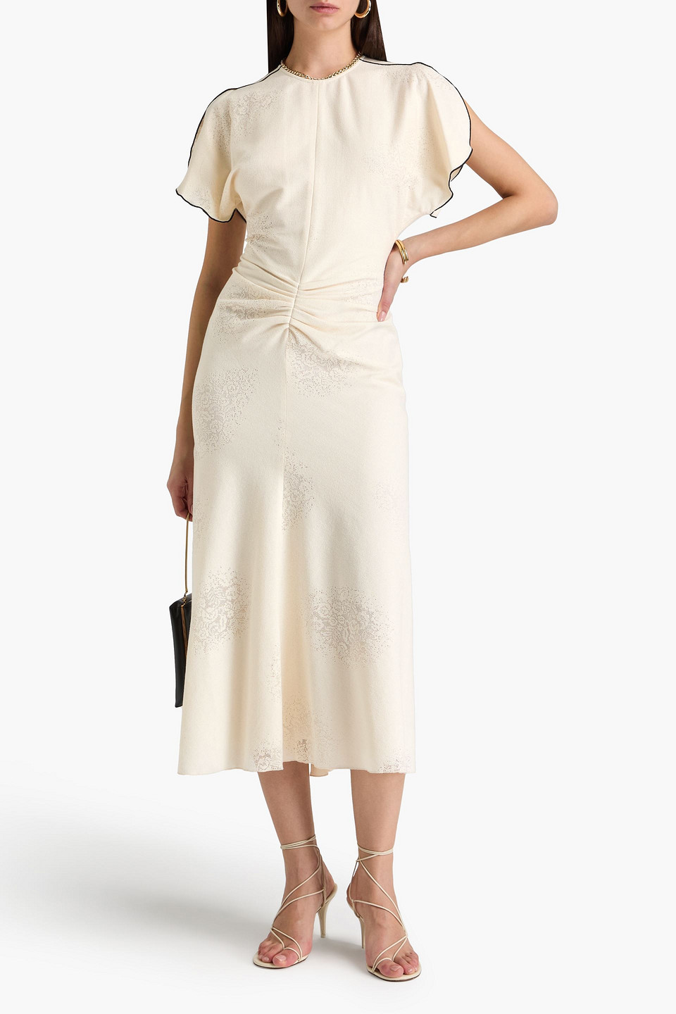 Shop Victoria Beckham Ruched Cotton-blend Lace Midi Dress In Elfenbein