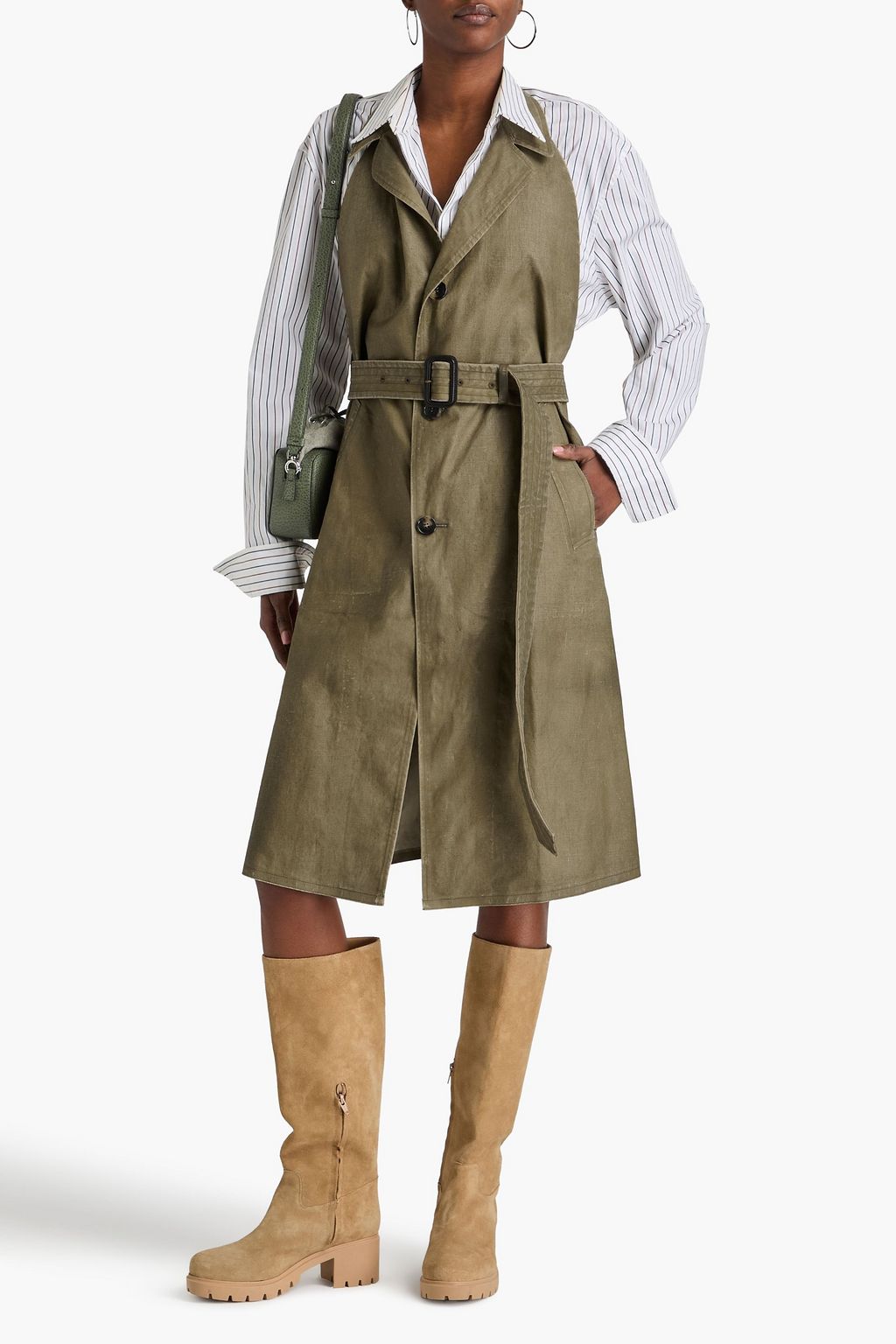 MAISON MARGIELA فستان متوسط الطول بياقة هالتر الدائرية من الكتّان المطلي مزود بحزام