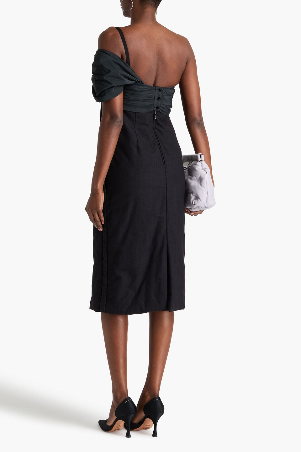 Shop Maison Margiela One-shoulder Silk Taffeta-paneled Wool And Cashmere-blend Midi Dress In Black