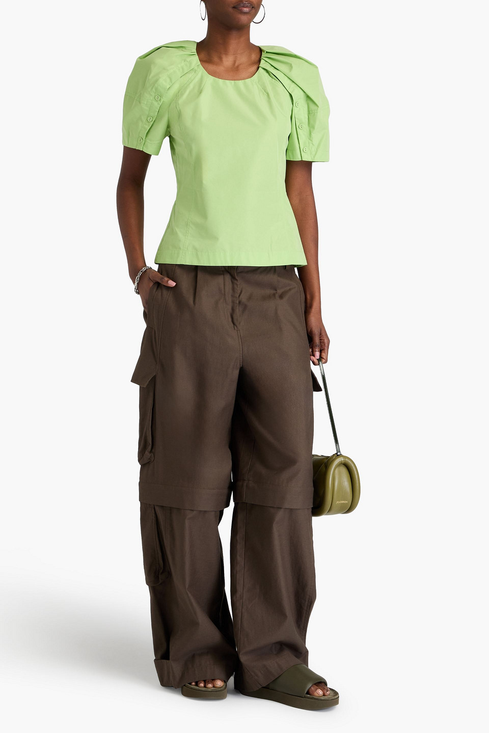 3.1 Phillip Lim Ruched Cotton-blend Poplin Top In Light Green