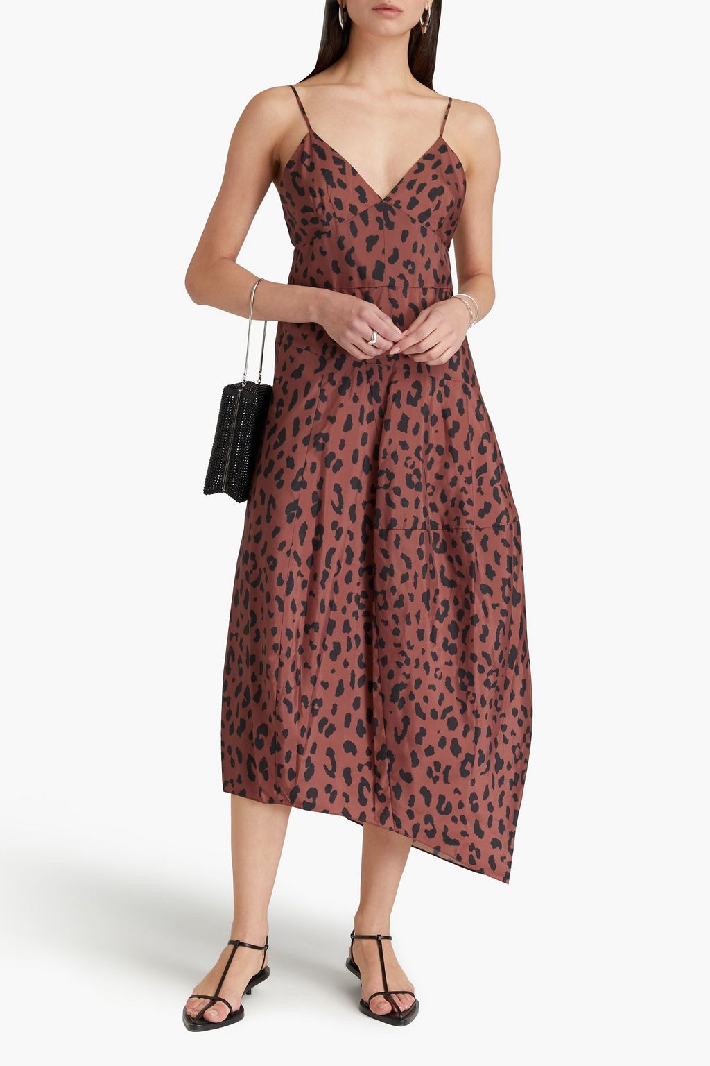 TIBI Asymmetric leopard-print taffeta midi dress