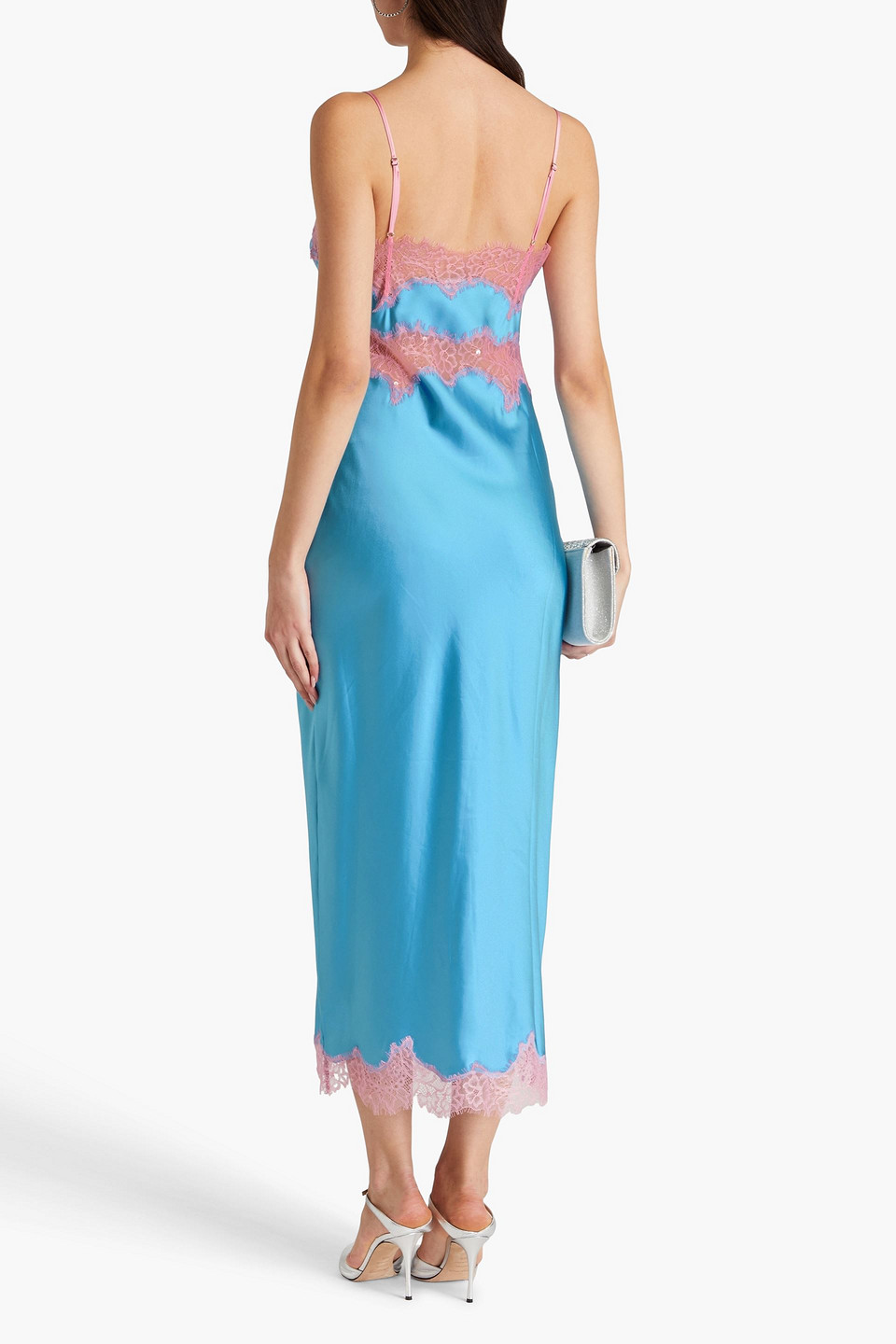 Retroféte Jocelyn Embellished Lace-trimmed Satin Midi Slip Dress In Light Blue