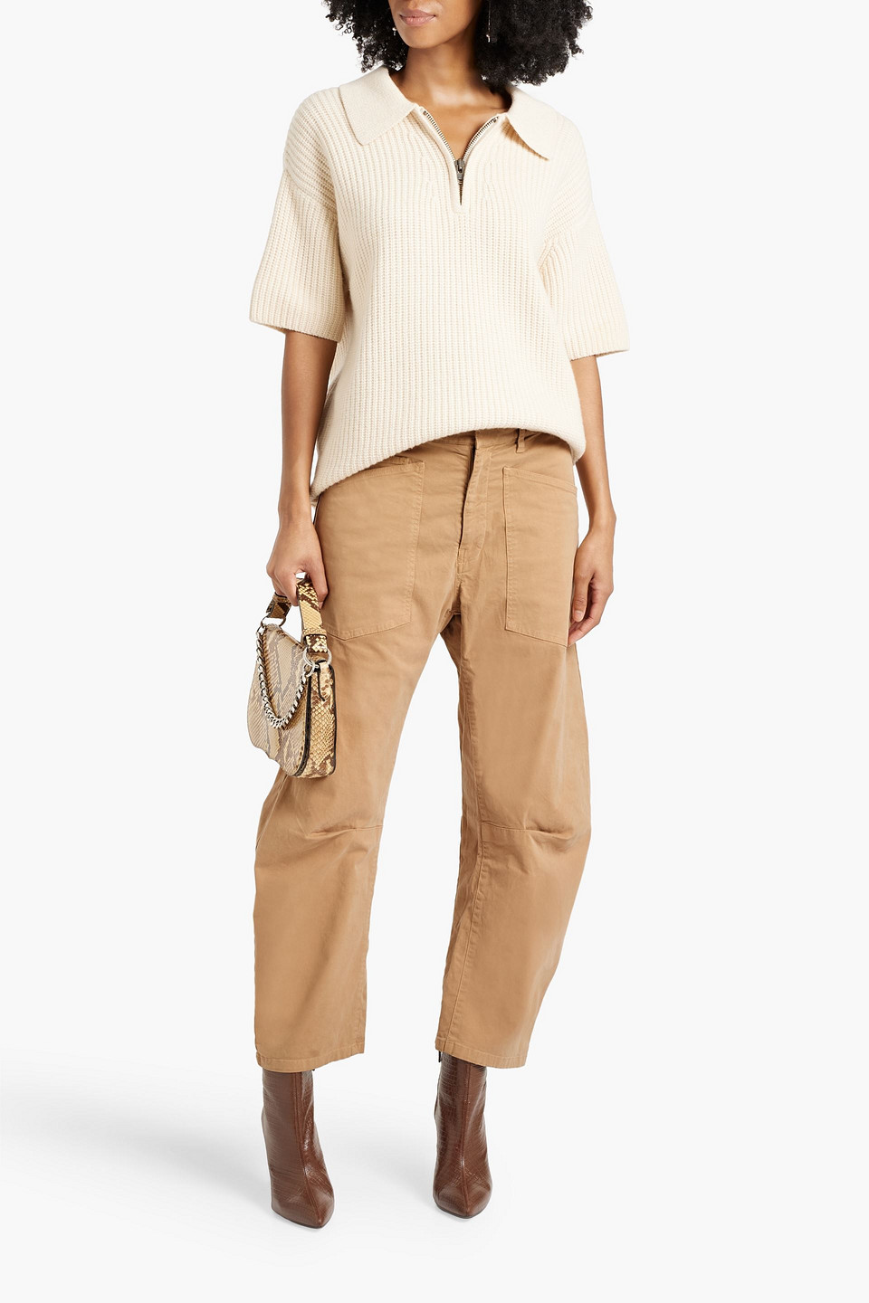 Nili Lotan Shon Cropped Cotton-blend Twill Tapered Pants In Camel