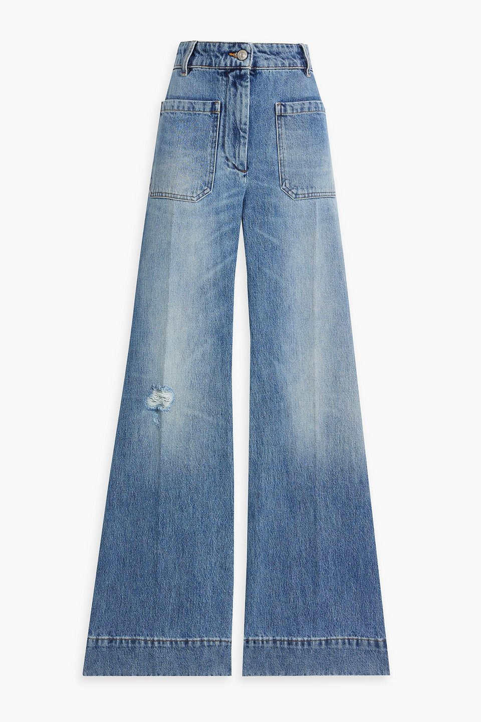 Victoria Beckham Alina Distressed Faded High-rise Wide-leg Jeans In Mid Denim