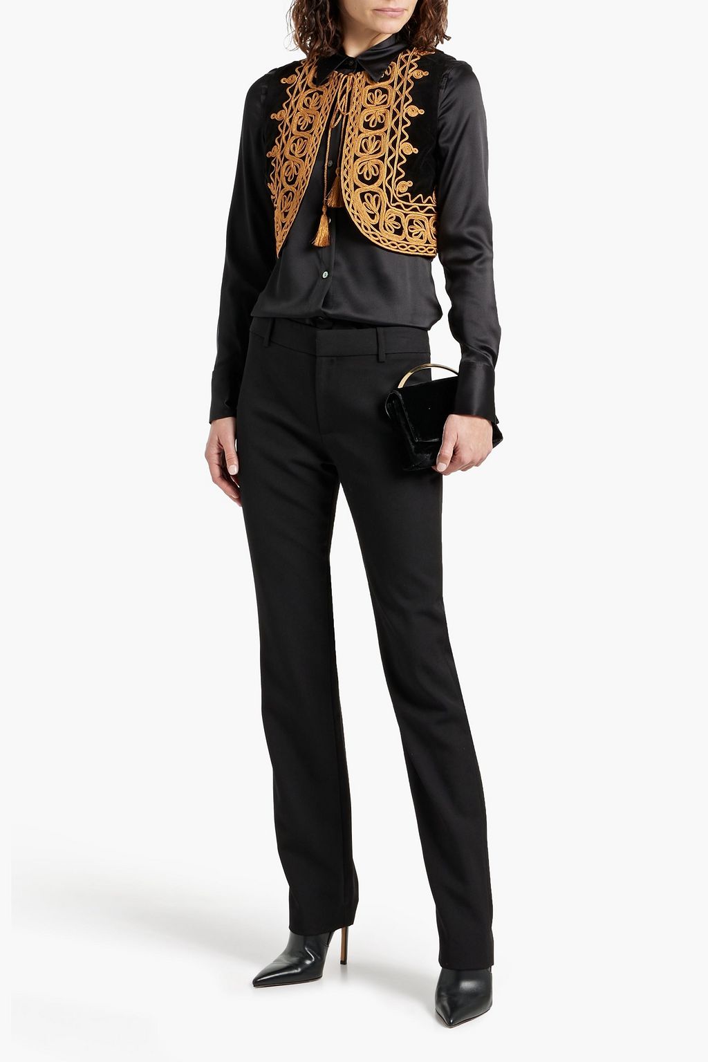 NILI LOTAN Audette cropped metallic embroidered cotton-velvet vest