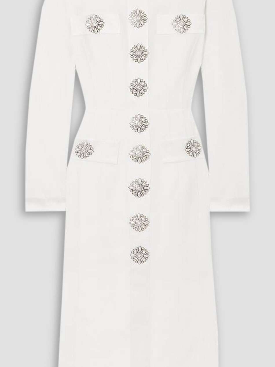 crystal embellished satin-trimmed crepe midi dress