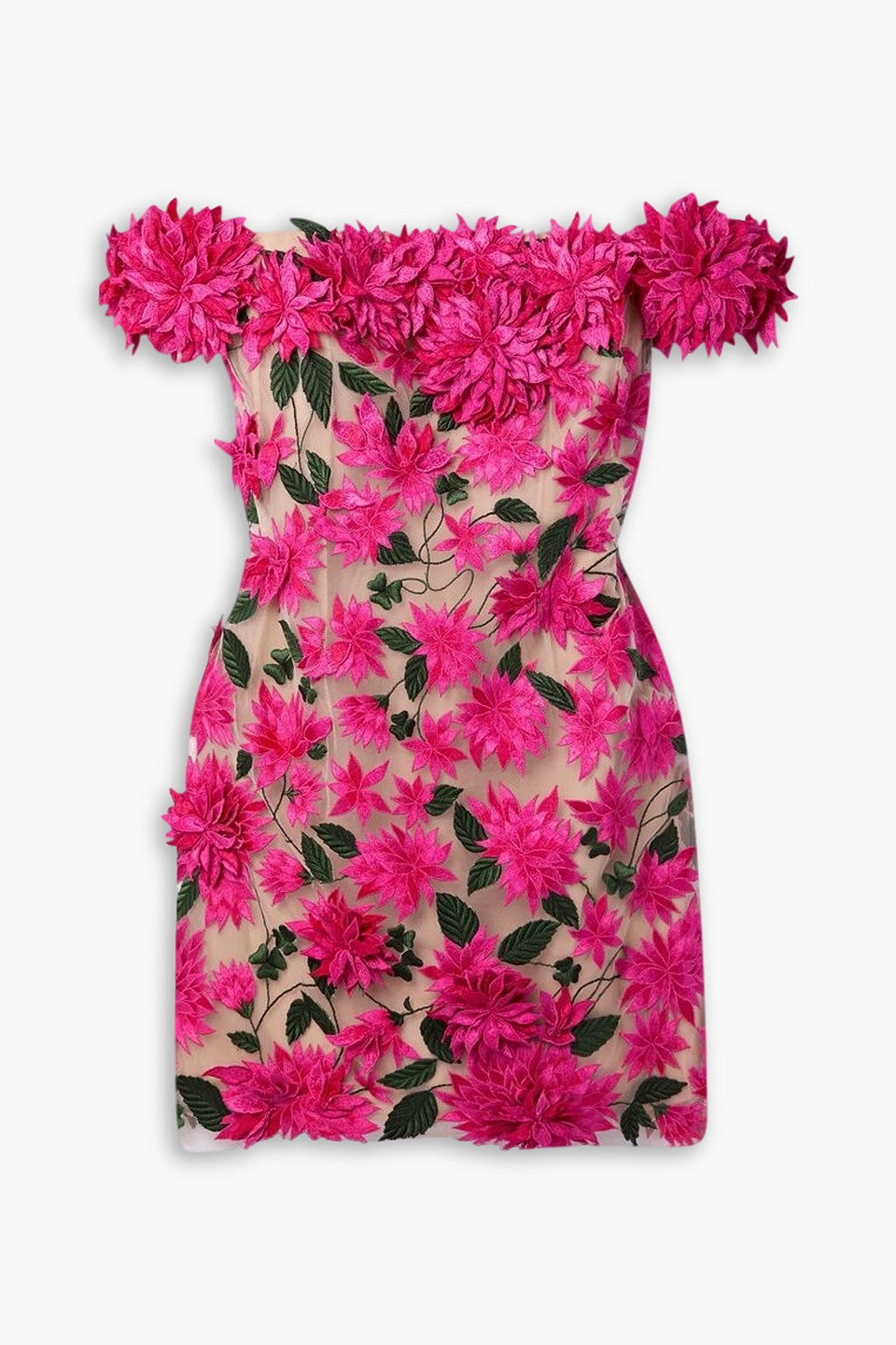 Oscar De La Renta Dahlia Off-the-shoulder Appliquéd Tulle Mini Dress In Fuchsia