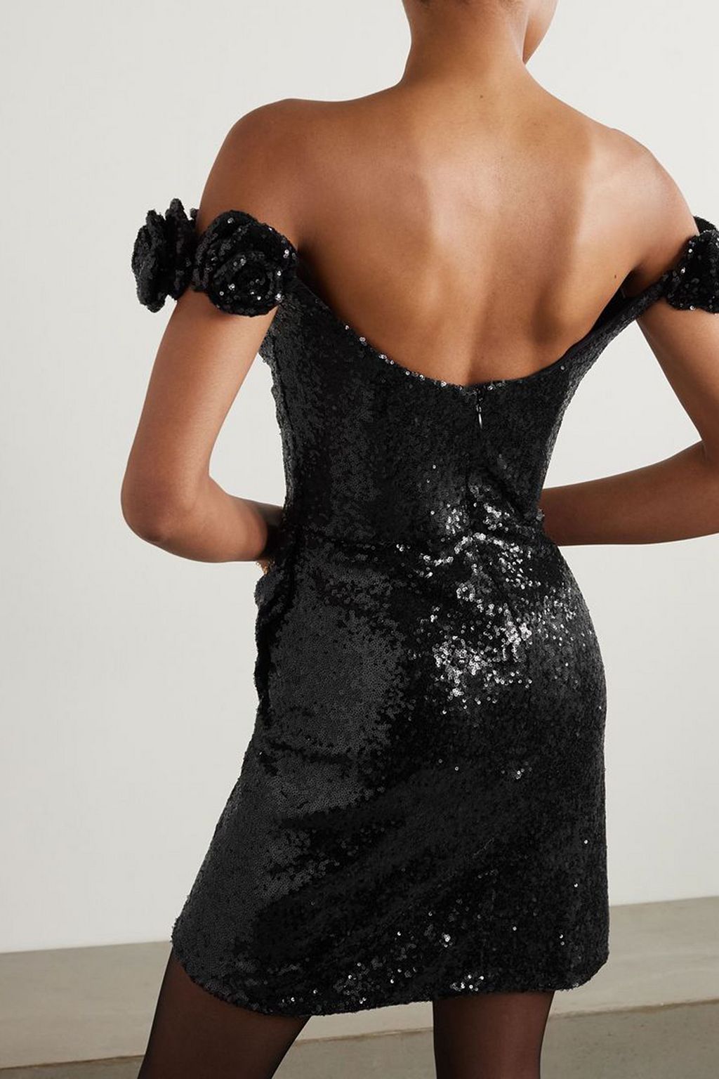 COSTARELLOS Off-the-shoulder appliquéd draped sequined crepe mini dress
