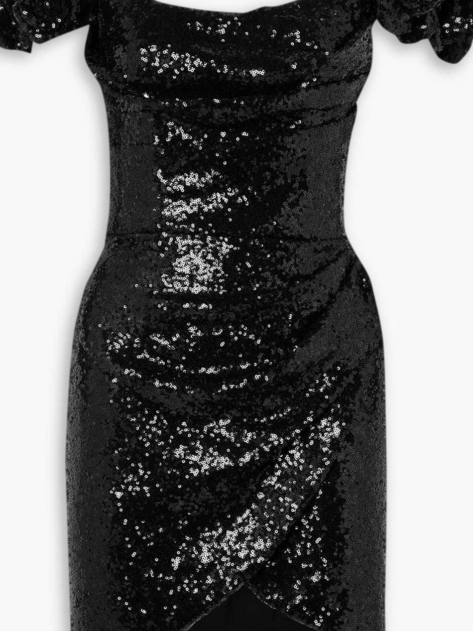 off-the-shoulder appliquéd draped sequined crepe mini dress