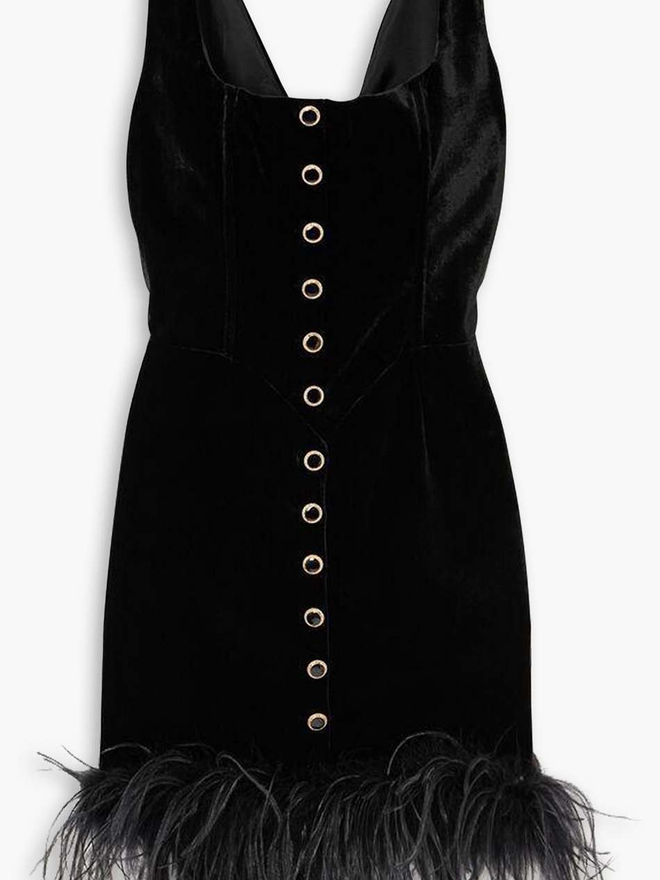 embellished feather-trimmed velvet mini dress