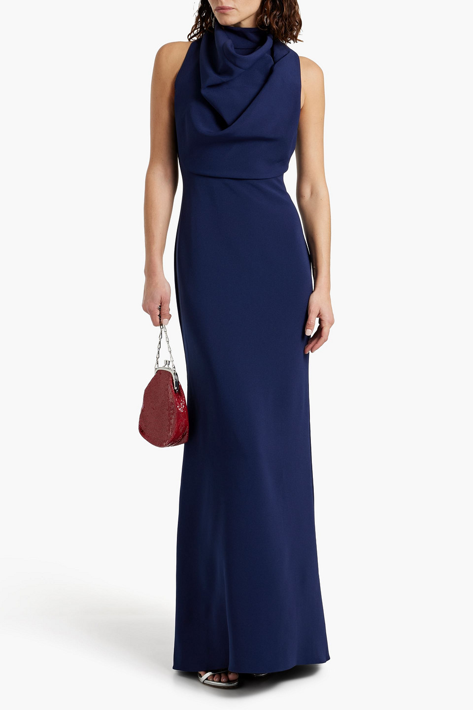 Badgley Mischka Sleeveless Draped High-neck Gown In Marineblau