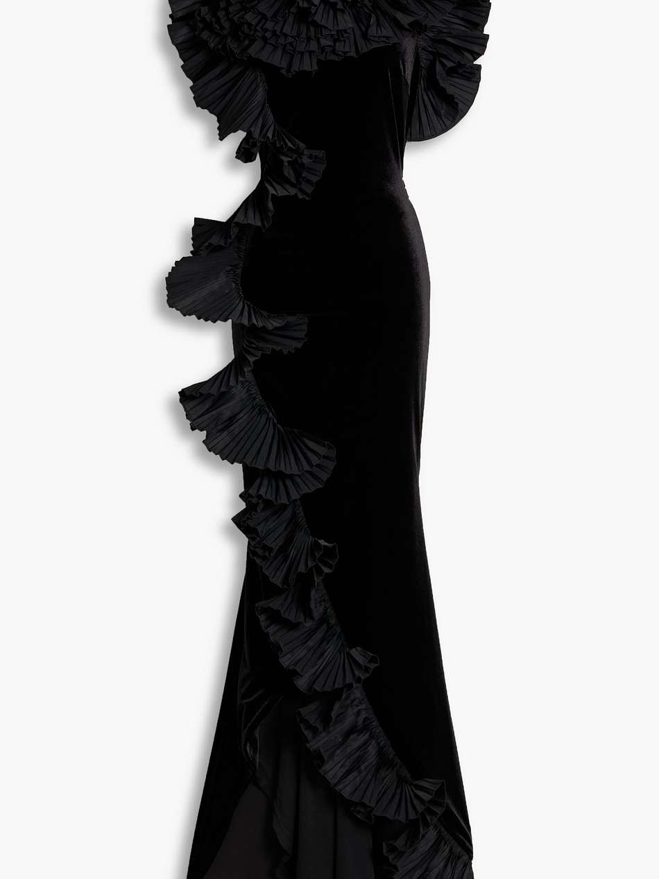 taffeta-trimmed ruffled velvet gown