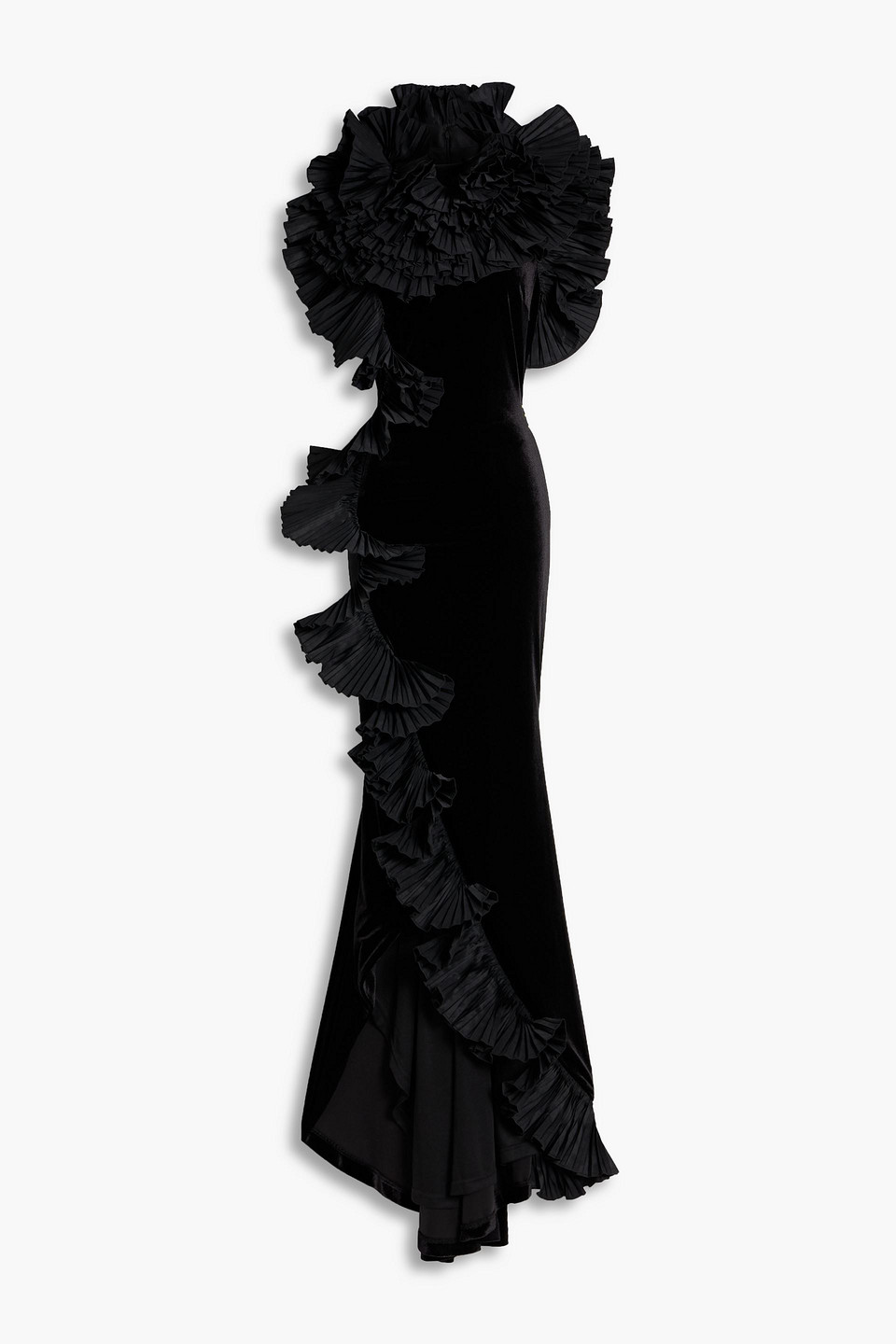 Badgley Mischka Taffeta-trimmed Ruffled Velvet Gown In Black