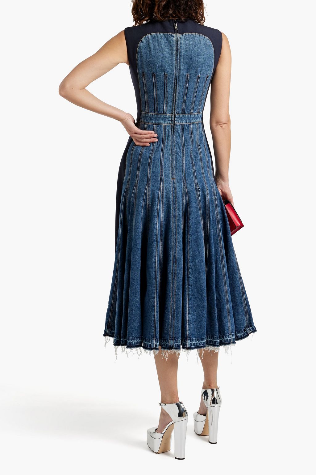 MCQUEEN Lace-up wool-blend and denim midi dress