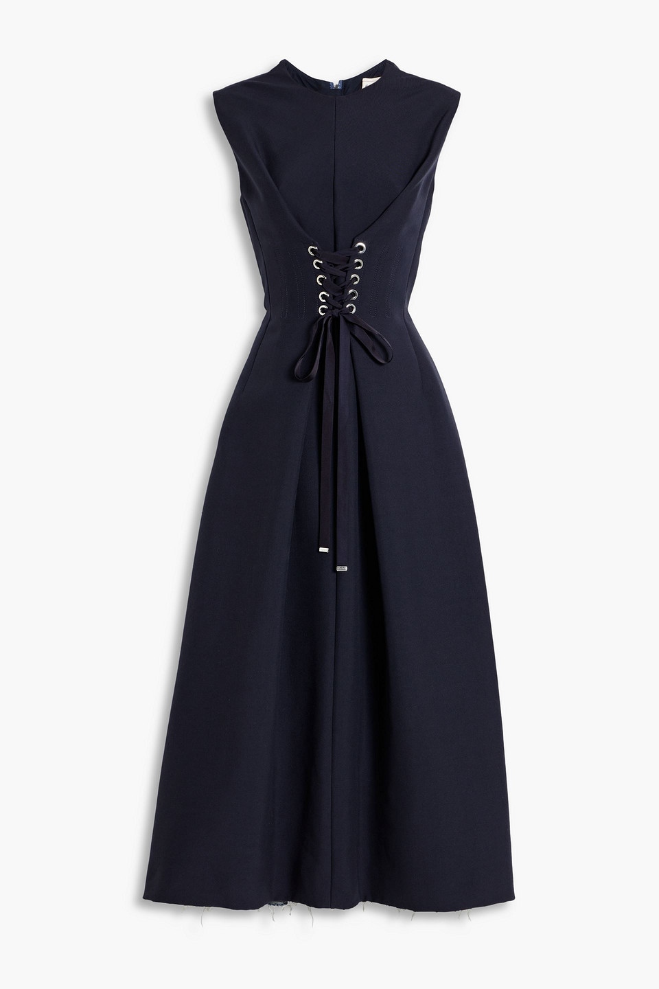 Alexander Mcqueen Lace-up Wool-blend And Denim Midi Dress In Blue