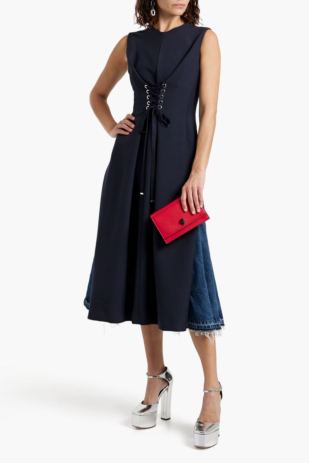 MCQUEEN Lace-up wool-blend and denim midi dress