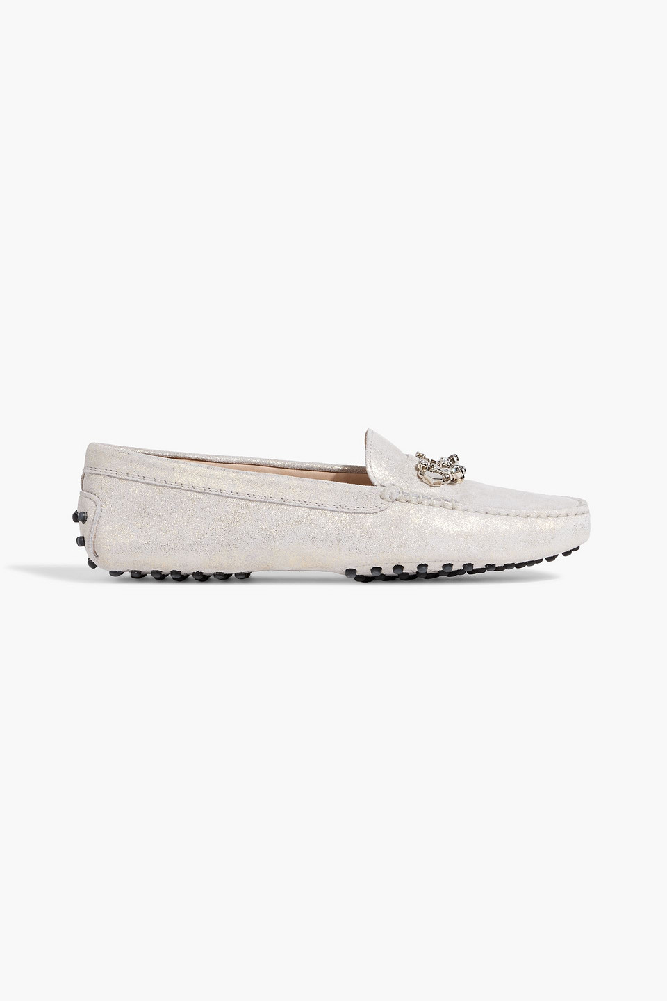 Tod's Glittered Crystal-embellished Suede Loafers In Light Gray
