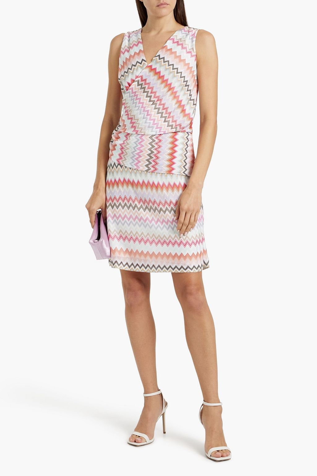 MISSONI فستان قصير من مزيج القطن المحبوك بنمط كروشيه بتصميم ملفوف