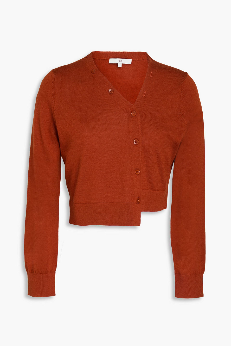 Tibi Cropped Asymmetric Cashmere, Wool And Silk-blend Cardigan In Brick