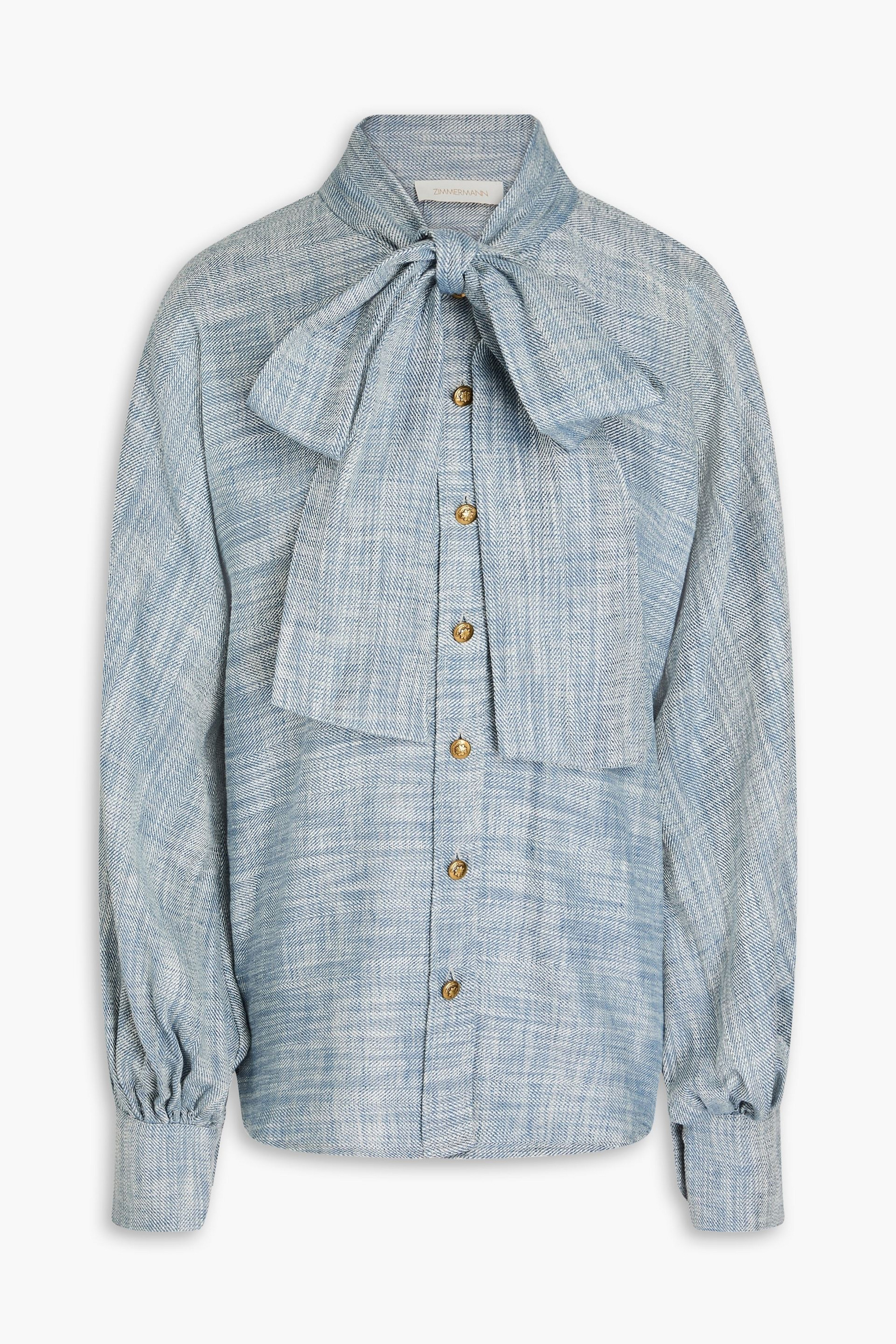 Zimmermann Pussy-bow cotton and linen-blend chambray blouse