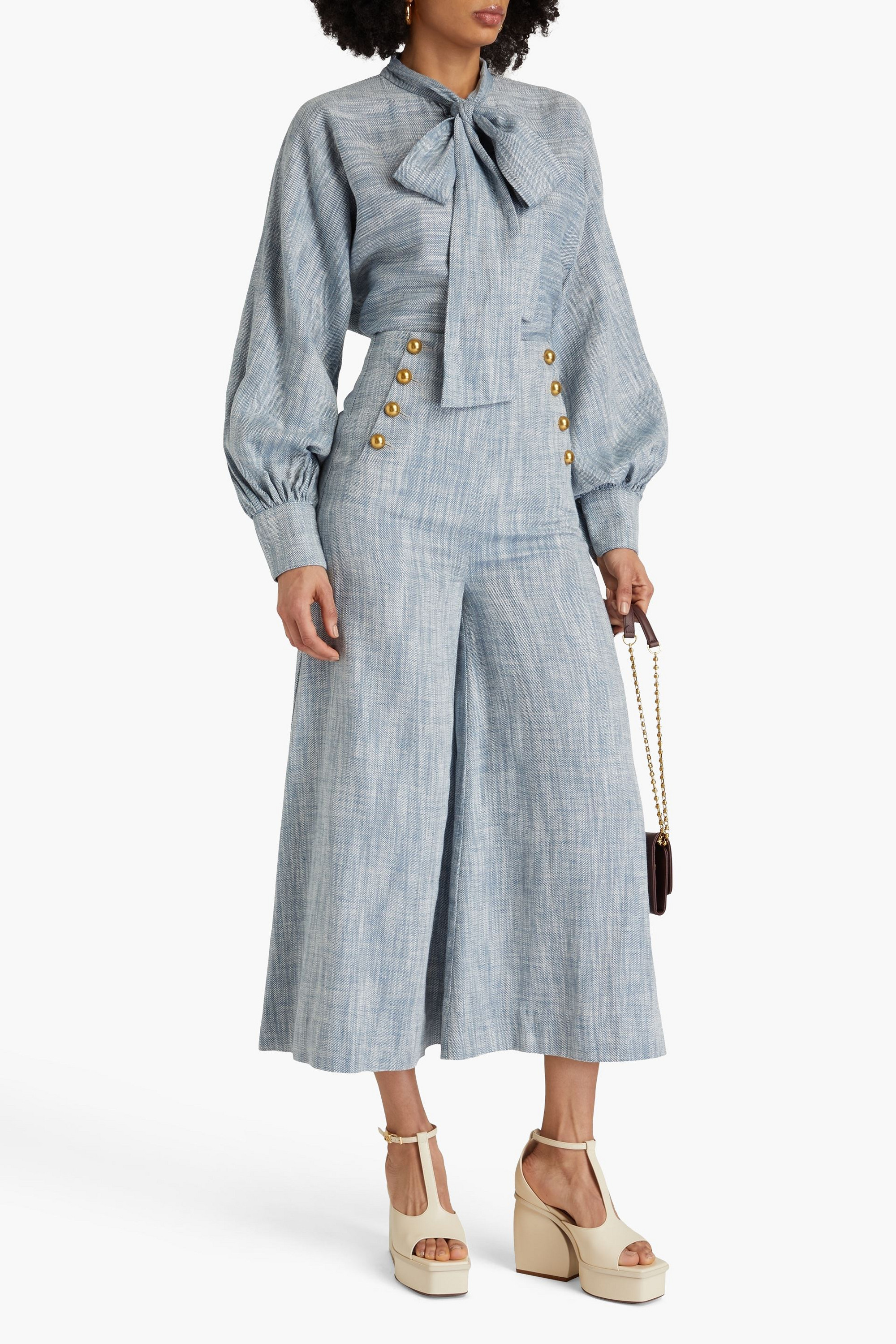 Zimmermann Pussy-bow cotton and linen-blend chambray blouse