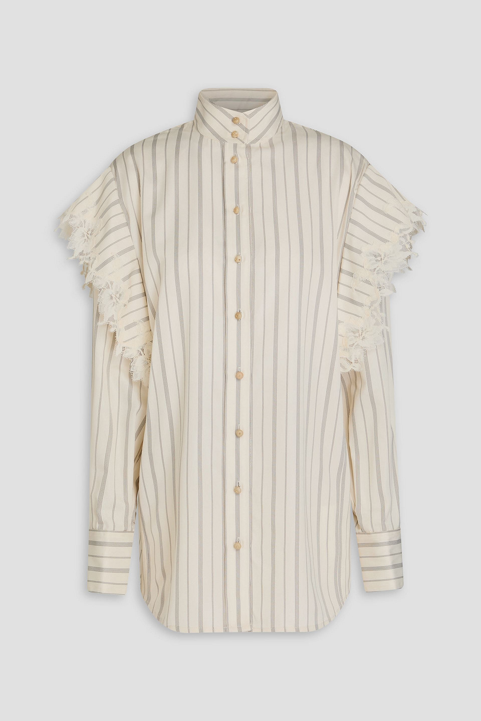 Lace-trimmed striped satin shirt