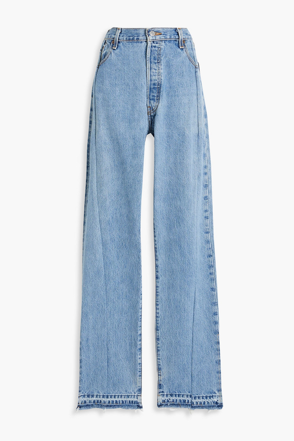 Eb Denim Unraveled Distressed High-rise Straight-leg Jeans In Mid Denim