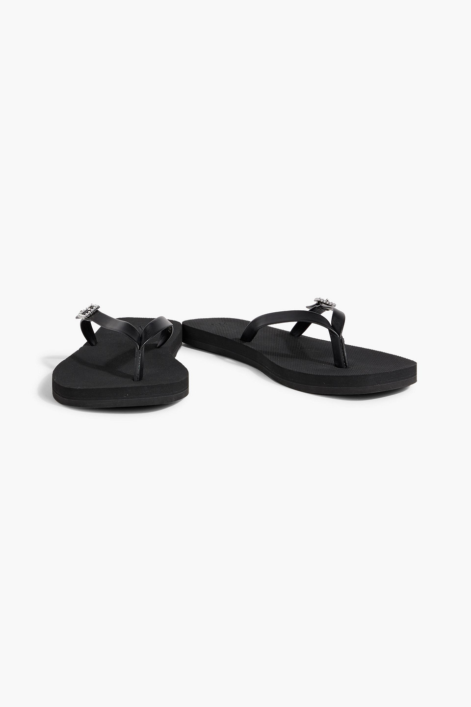 Stuart Weitzman Embellished Faux Leather Flip Flops In Black