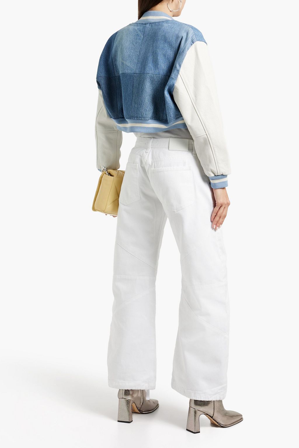 EB DENIM Cropped patchwork-effect denim and leather bomber jacket