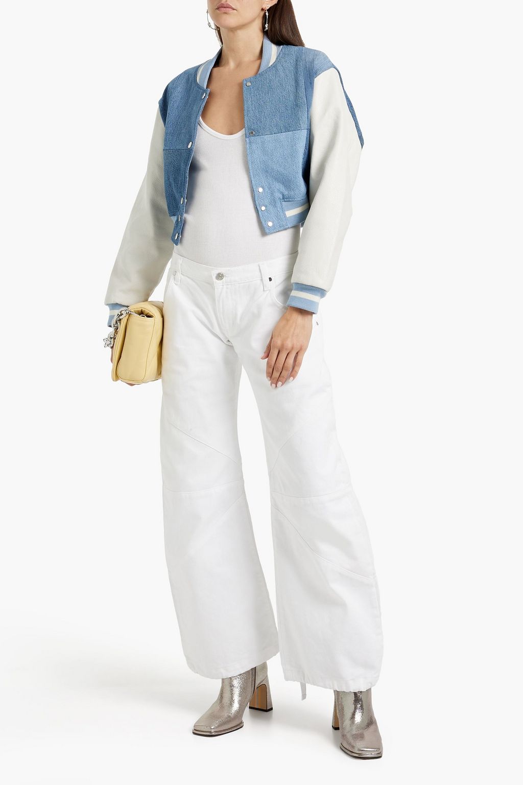 EB DENIM Cropped patchwork-effect denim and leather bomber jacket