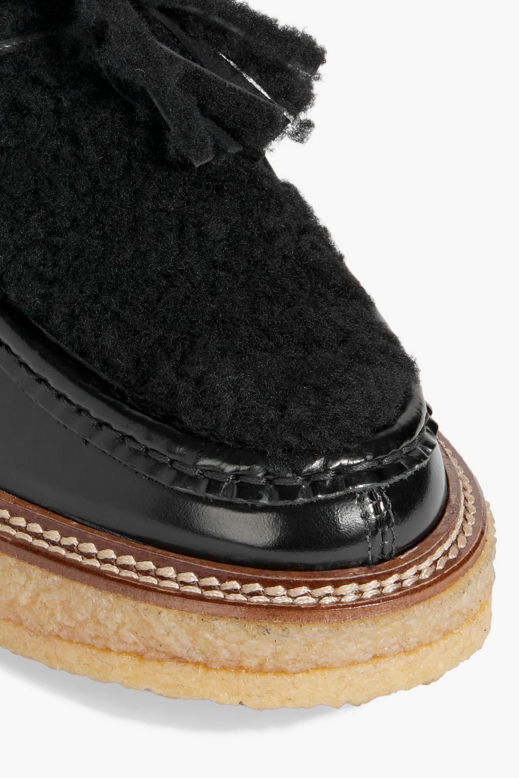 TOD'S Tasseled shearling and glossed-leather loafers