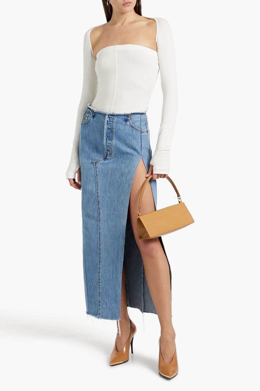 EB DENIM Robi frayed denim midi skirt