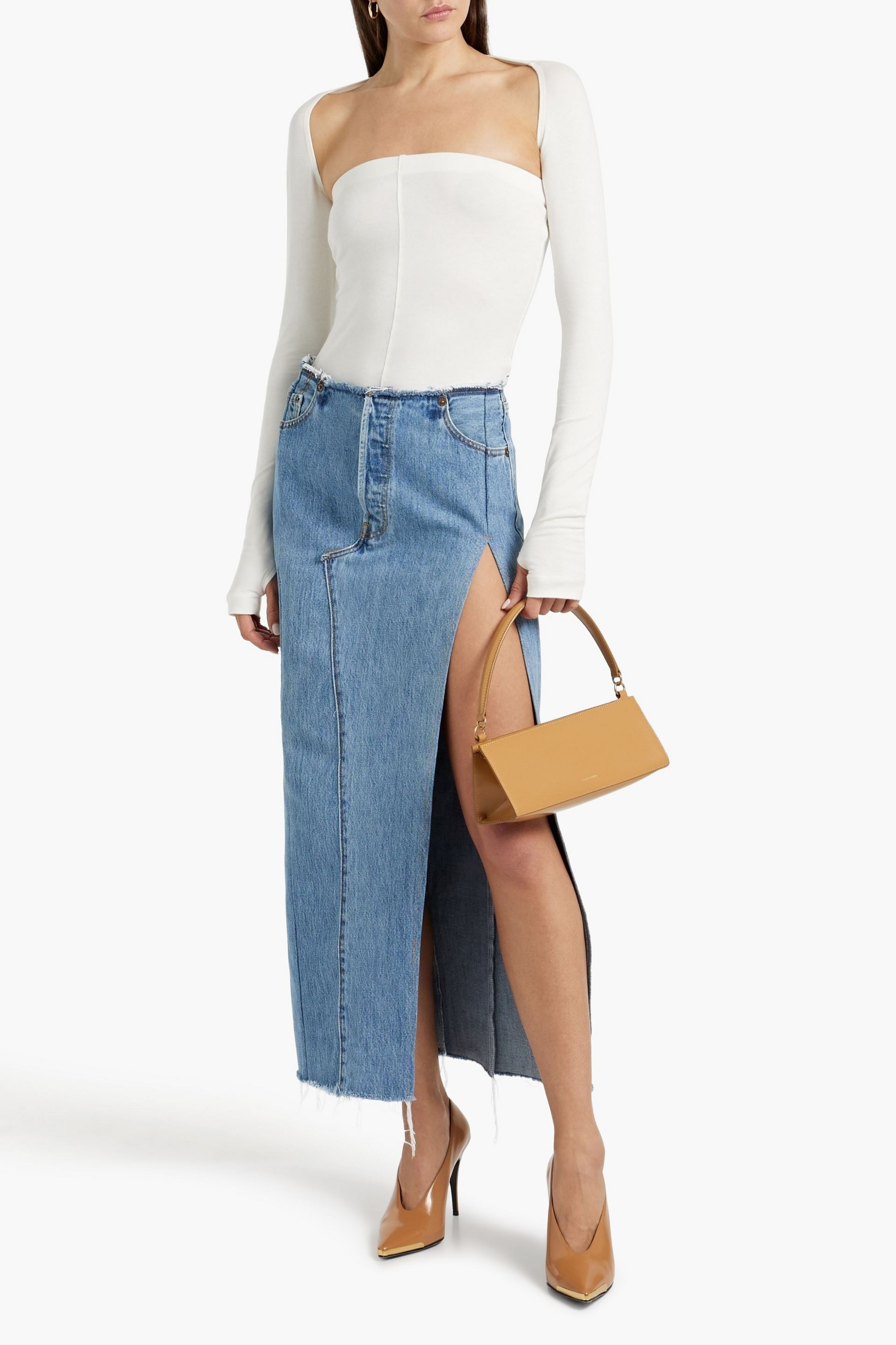 EB Denim Robi frayed denim midi skirt