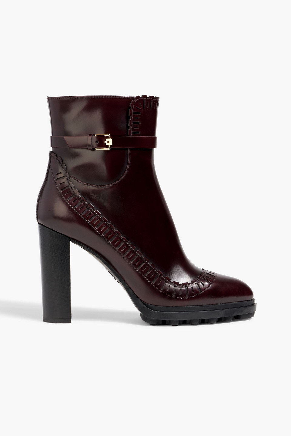 Tod's Buckled Laser-cut Glossed-leather Ankle Boots In Burgundy