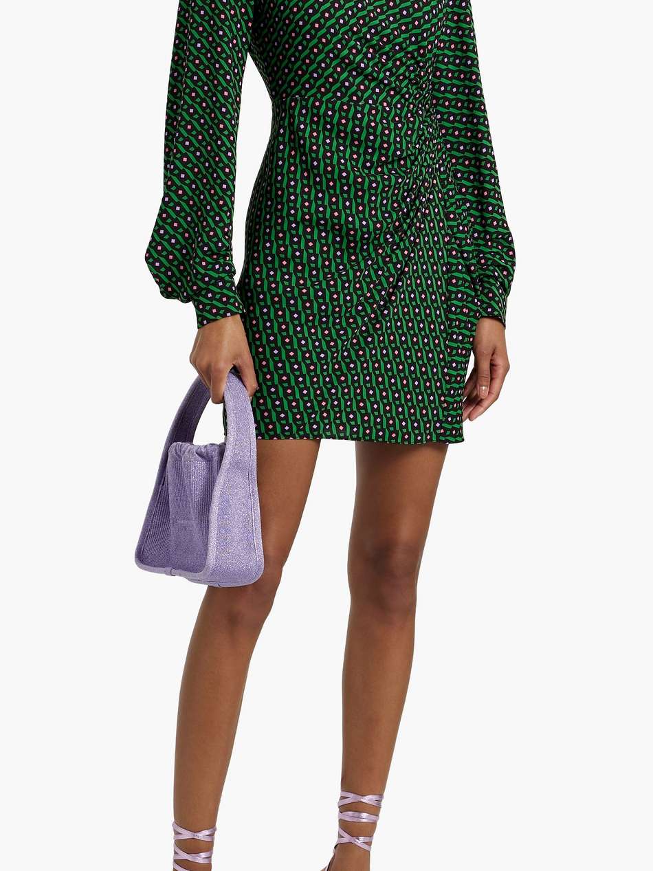 coraline ruched printed crepe mini dress