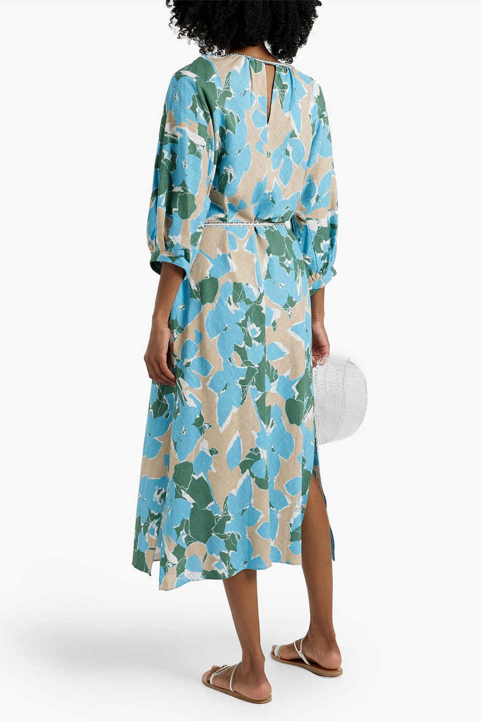 Diane Von Furstenberg Bambi Belted Floral-print Slub Woven Midi Dress In Light Blue
