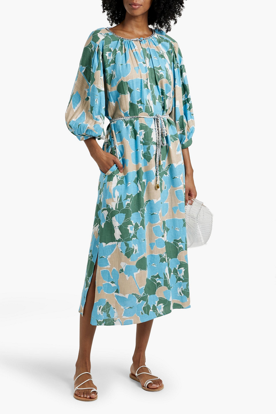 Diane Von Furstenberg Bambi Belted Floral-print Slub Woven Midi Dress In Light Blue