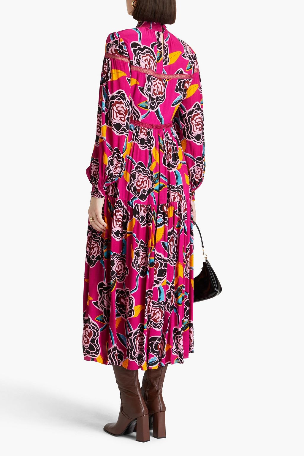 DIANE VON FURSTENBERG فستان متوسط الطول "شيري" بتقنية السموك من الكريب بطبعة الأزهار EcoVero™‎