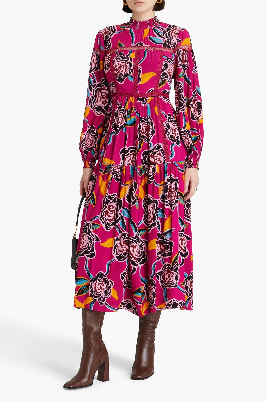 DIANE VON FURSTENBERG فستان متوسط الطول "شيري" بتقنية السموك من الكريب بطبعة الأزهار EcoVero™‎