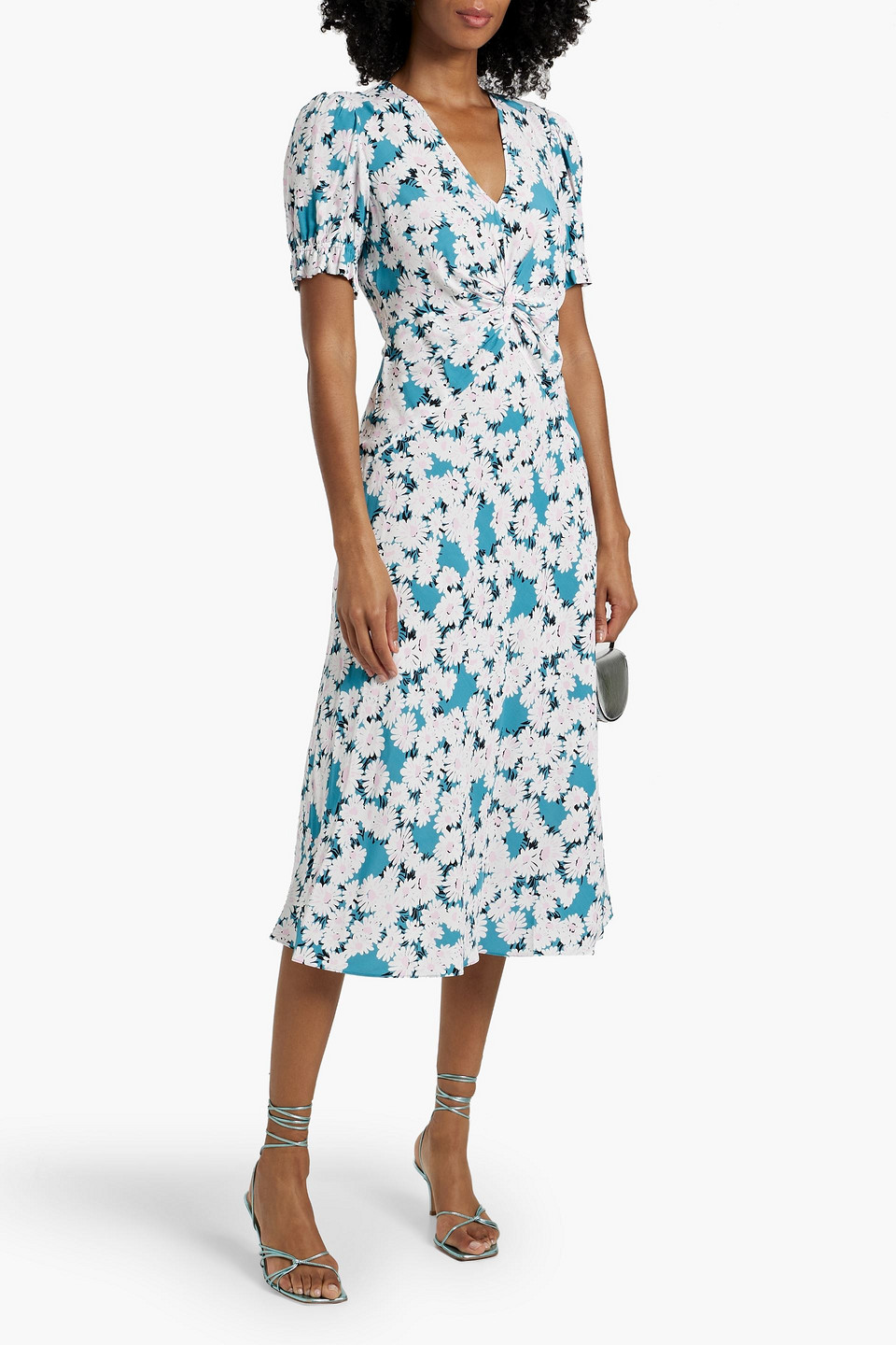 Diane Von Furstenberg Anaba Twisted Floral-print Crepe De Chine Midi Dress In Turquoise