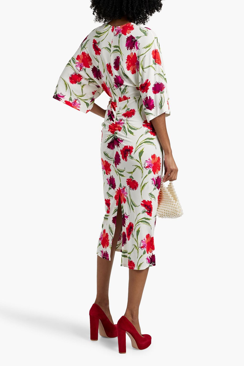 DIANE VON FURSTENBERG ストレッチジャージー ミディワンピース フローラルプリント ルーシュ入り