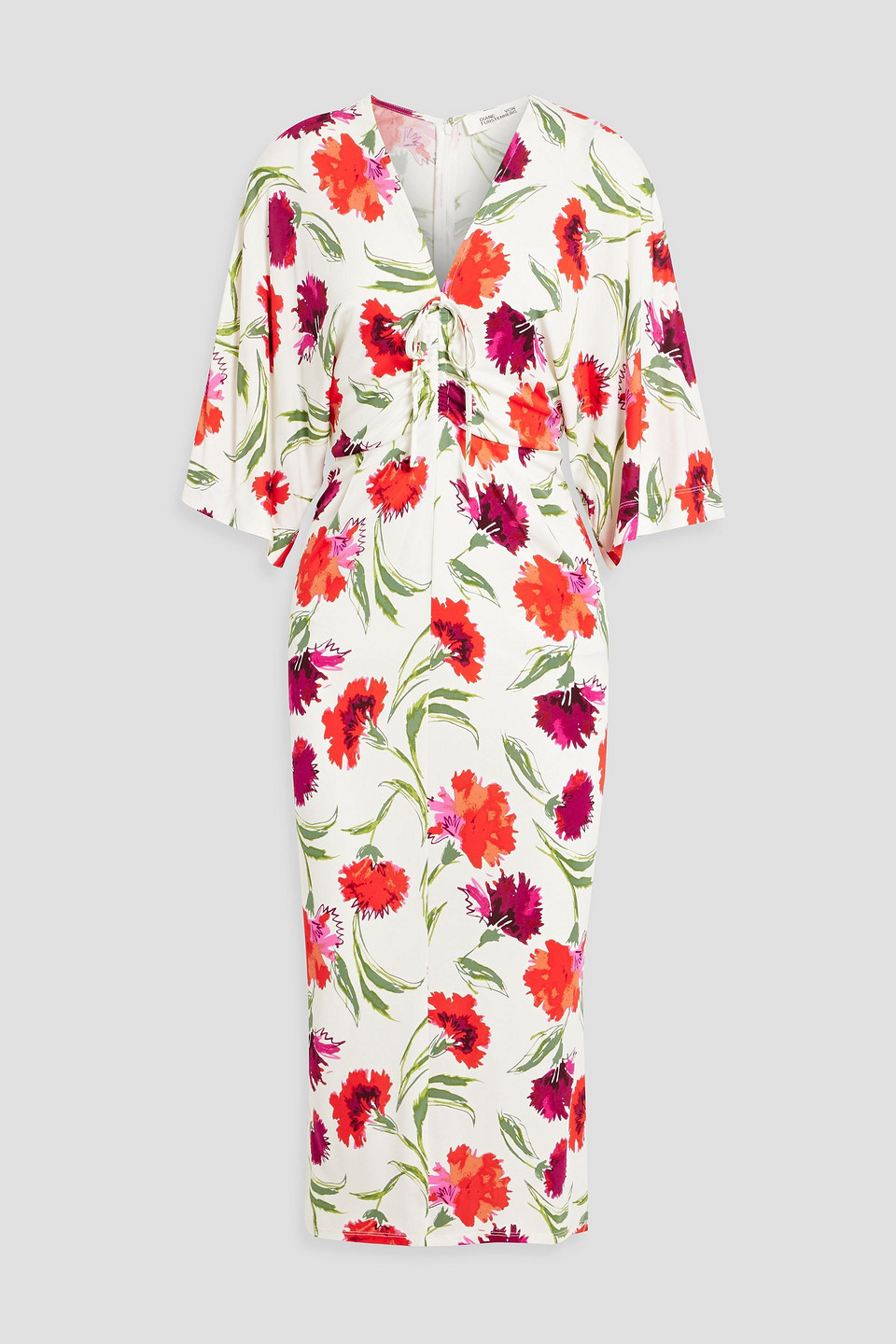 Diane Von Furstenberg Valerie Floral-print Ruched Stretch-jersey Midi Dress In Off-white