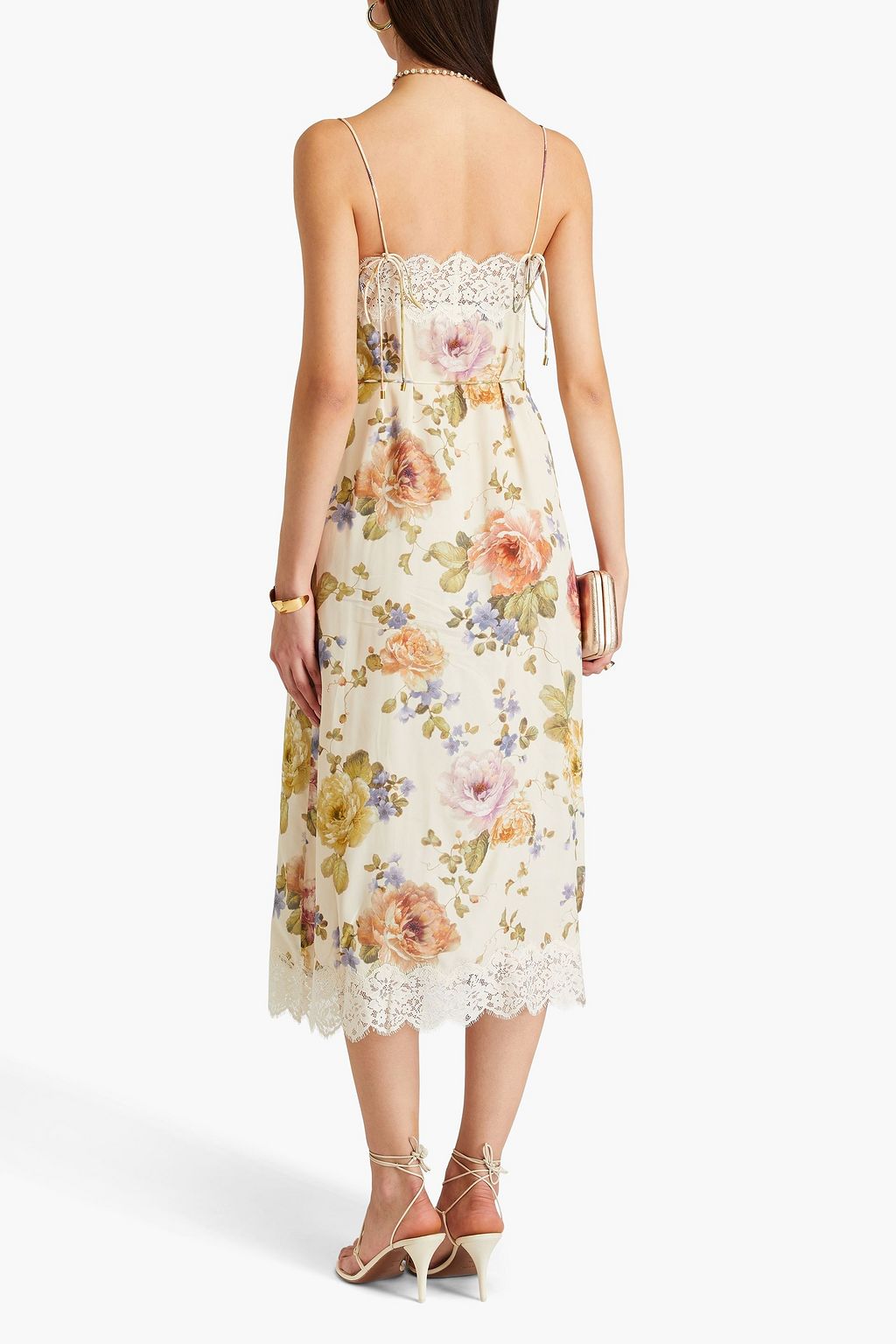ZIMMERMANN Belted lace-trimmed floral-print crepe de chine midi slip dress