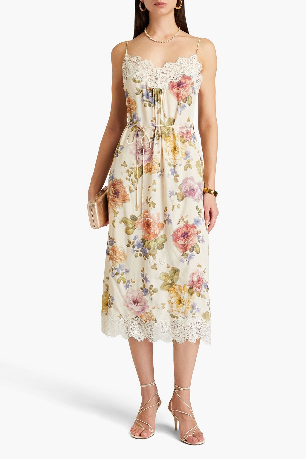ZIMMERMANN Belted lace-trimmed floral-print crepe de chine midi slip dress