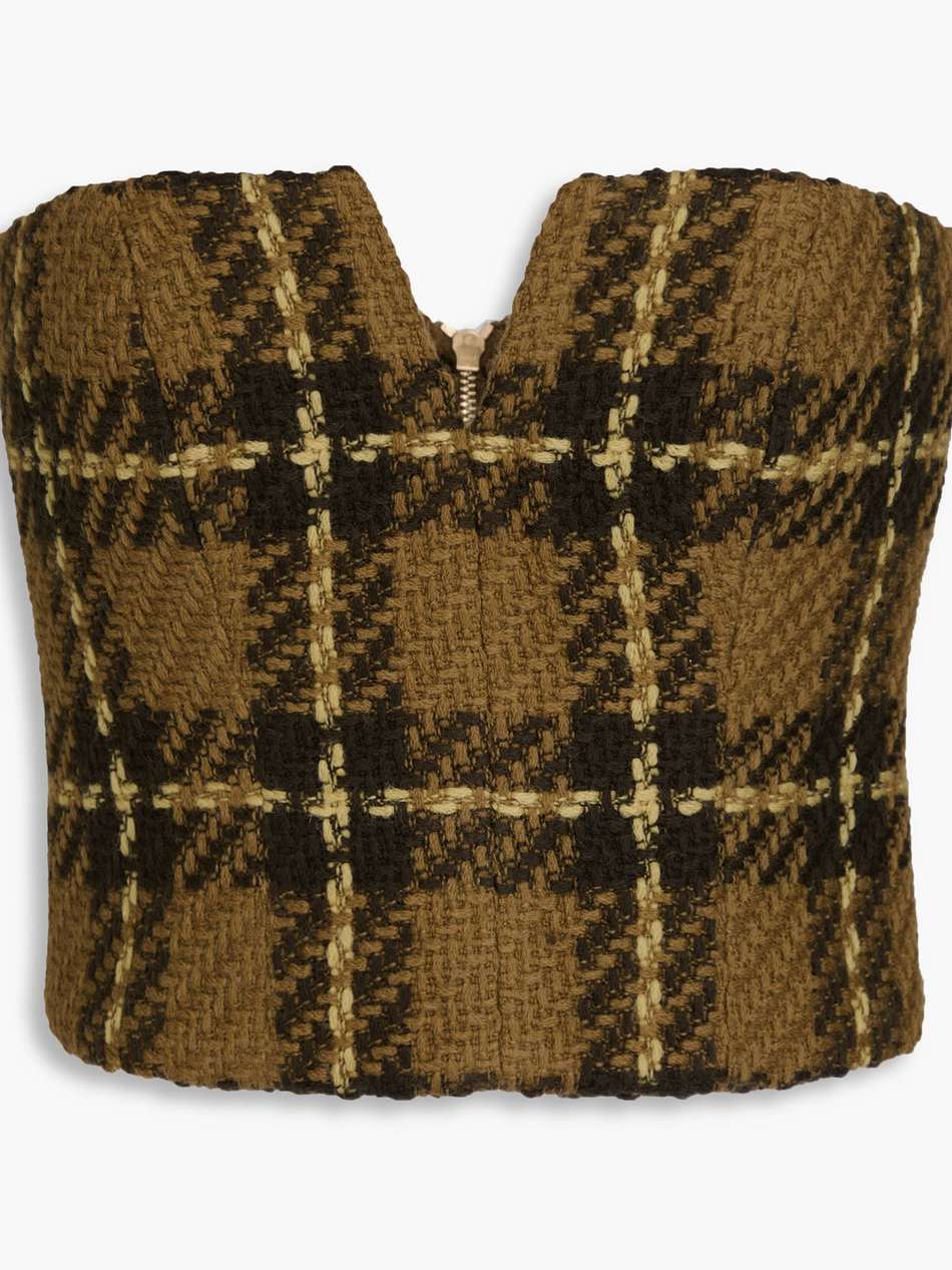strapless checked wool-tweed bustier top