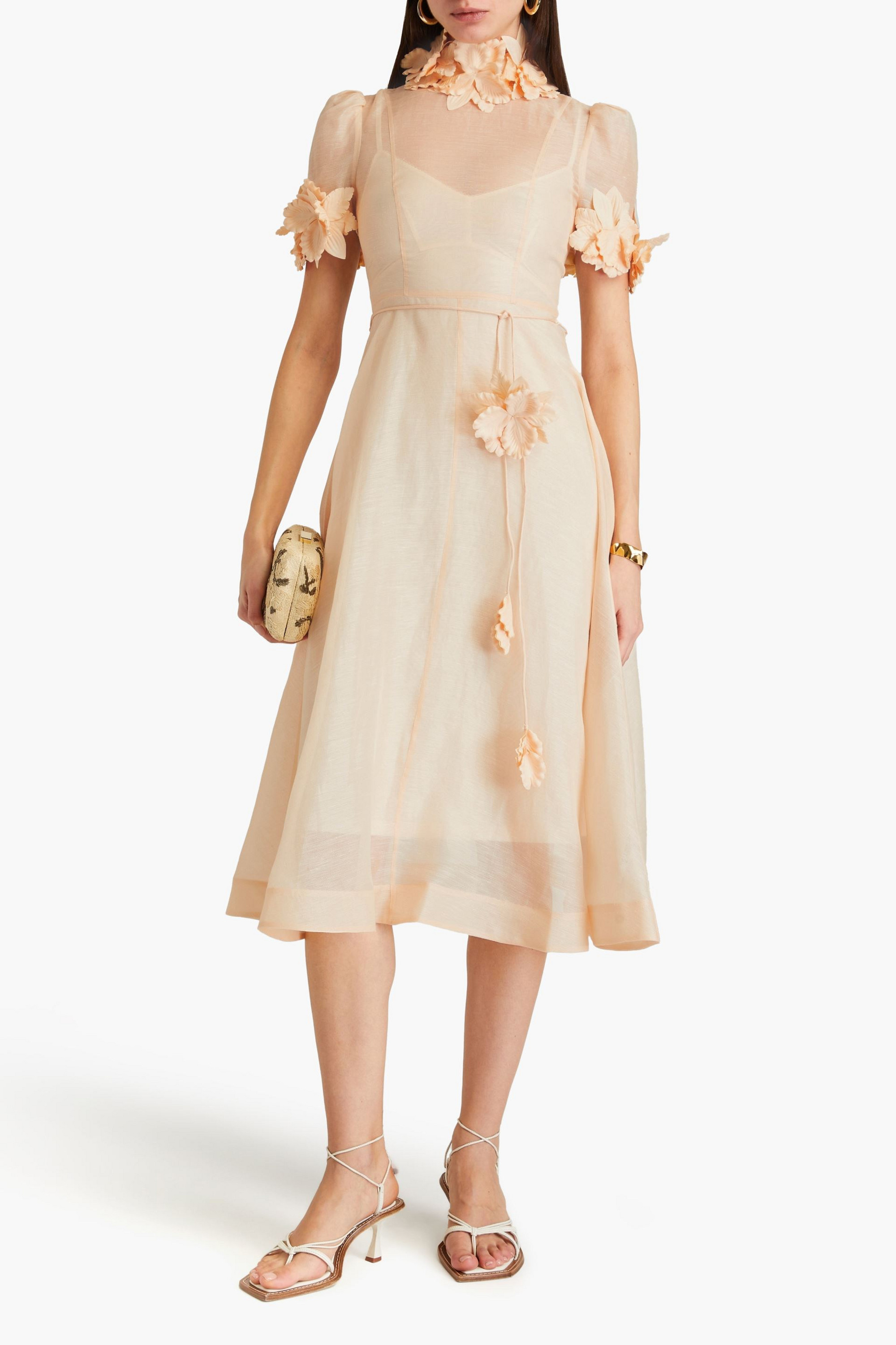 Zimmermann Floral-appliquéd linen and silk-blend gauze midi dress