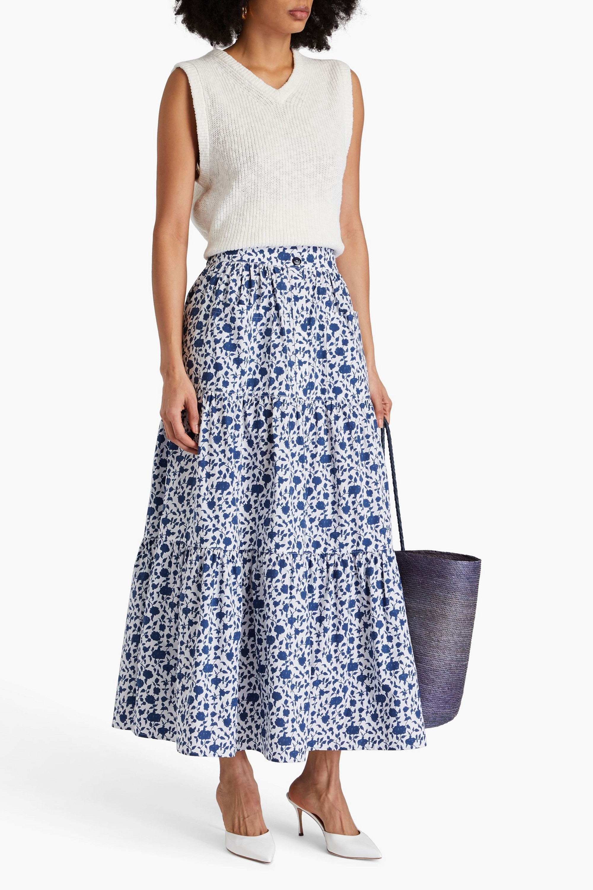 Loretta Caponi Nuvola tiered floral-print cotton maxi skirt