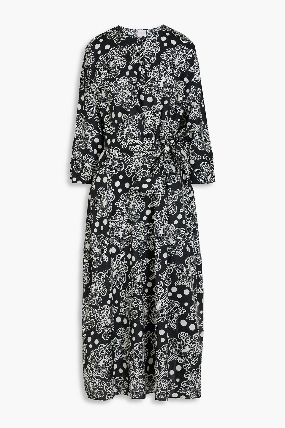 Loretta Caponi Valentina Belted Printed Cotton Midi Dress In Black