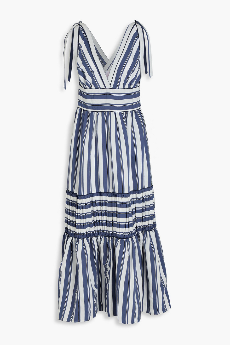 Loretta Caponi Smeralda Tiered Striped Woven Midi Dress In Navy